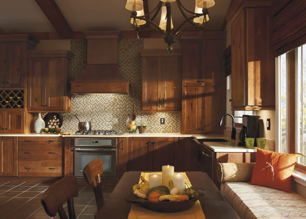Custom kitchen build with Homecrest cabinets that create dark & rustic look. 